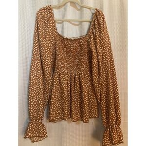 Haptics By Holly Harper 3x Brown White Spotted Blouse Smocked Baby Doll‎
